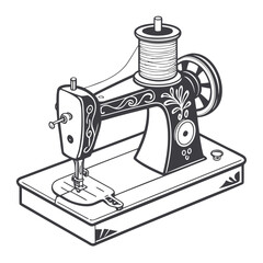 Illustration of an antique sewing machine, a timeless tool for tailoring and crafting, isolated on white background