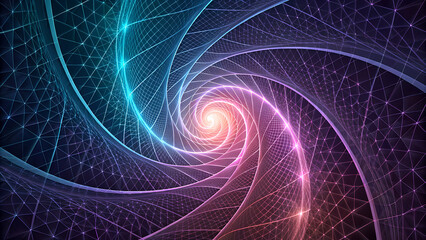 Abstract neon wireframe spiral tunnel glowing with colorful lights