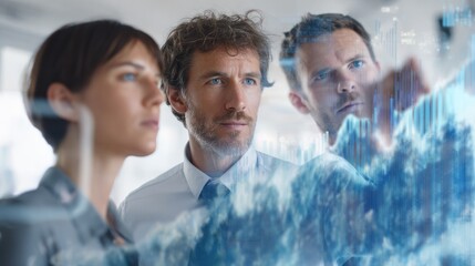 Collaborative Analysis: A team of focused analysts scrutinizes complex data visualizations, their faces reflecting concentration and collaborative effort.