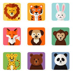 Nine adorable cartoon animal portraits in colorful squares.