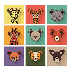 Cartoon illustrations of various animal faces arranged in a colorful grid, each with a distinct expression.