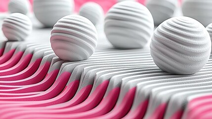 Obraz premium Peach Beige 3D Geometric Abstract Background with Floating Spheres over Wavy Lines, Minimalist Gradient Design for Creative Presentation Template 