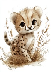 A cute, cartoonish baby cheetah sitting amidst tall grass, featuring a soft and playful expression.