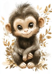 A cute illustrated monkey with big eyes and a friendly smile, surrounded by leaves and a soft, artistic background.