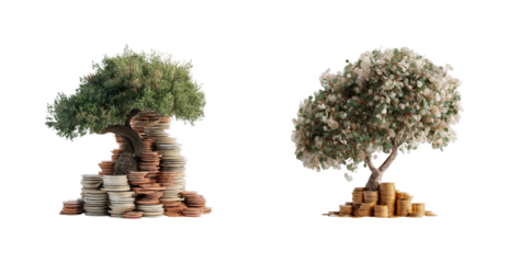 Growing wealth through nature symbolic trees with coins, isolated on transparent background, png set