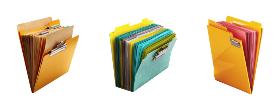 Organized document files in bright office environment professional workspace, isolated on transparent background, png set