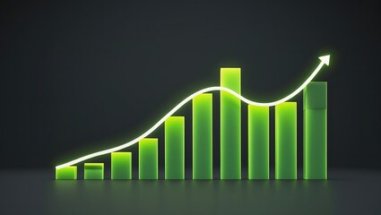 Futuristic glowing data visualization graph with neon light bars and line chart on dark background