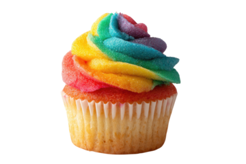A single rainbow cupcake, frosted with swirling, multicolored frosting, sits against a black background.  The frosting displays a vibrant spectrum of colors, and the cupcake's base is a light yellow