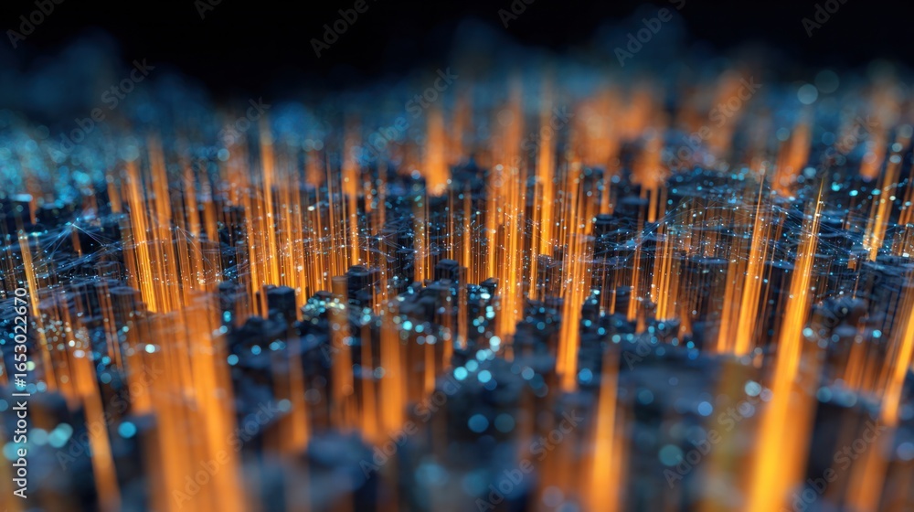 Poster digital cityscape: an eye-level view into a dynamic city composed of digital blocks and interconnect