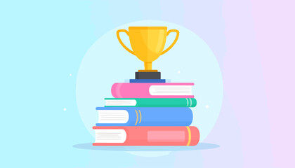 Award for excellence in education, a gold trophy cup on a stack of books symbolizing academic achievement and success