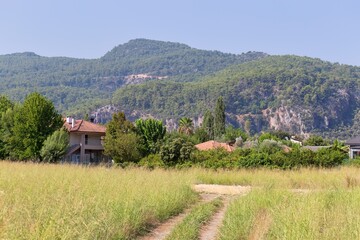 A scenic travel photo shows a dirt path leading through a field toward some houses, set against a backdrop of a forested mountain in Dalyan - Ortaca - Mugla - Turkey