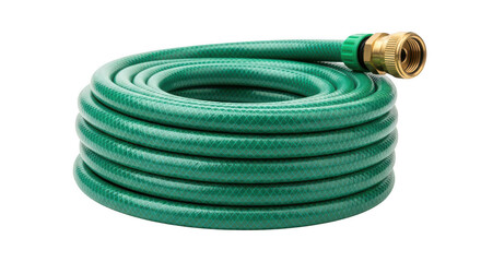 Green garden hose with brass fitting isolated on transparent background