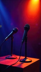 Obraz premium Two microphones stand side-by-side on a podium, ready for a collaborative presentation or discussion Ideal for concepts of teamwork, collaboration, and public speaking , synergy, togetherness