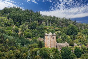 Majestic medieval castle standing on a hill surrounded by a dense forest in the French countryside