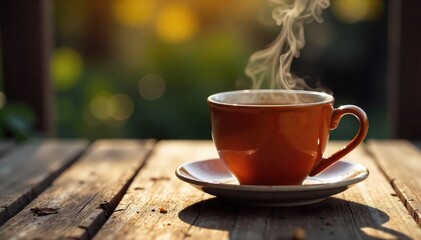 Obraz premium A steaming cup of tea cools on a rustic wooden table, condensation forming on the mug The scene evokes a feeling of warmth and peaceful relaxation , soothing, beige