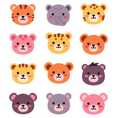 Collection of twelve adorable, cartoon animal faces with different colors and patterns.