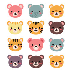 Cute cartoon animal faces: bears, tigers, and elephants.