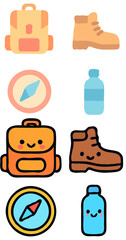 Illustration of hiking essentials: backpack, boot, compass, and water bottle, in two different styles, one simple and one with a cute face.