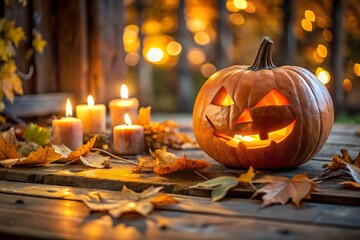 Halloween Pumpkin and Candles on a Rustic Wooden Table in Autumn