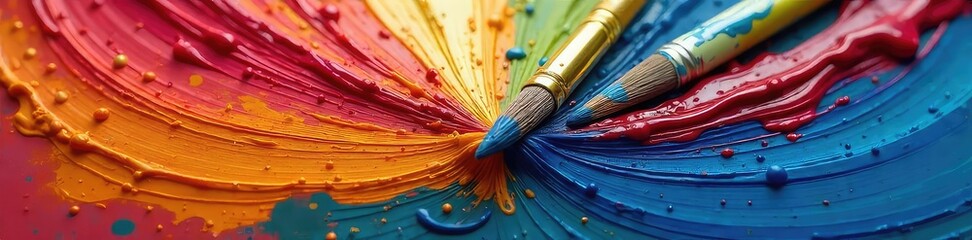 Fototapeta premium Close-up of intertwined paintbrushes, vibrant colors swirling, symbolizing the passionate fusion of artistic souls and creative expression , brushes, togetherness