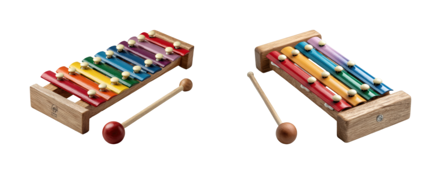 Kids playing with colorful xylophones in a bright classroom environment, isolated on transparent background, png set