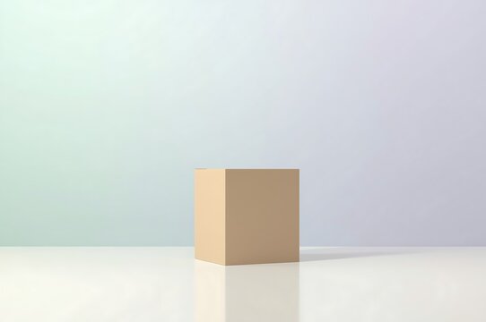 A minimalist beige hexagonal pedestal stands centered on a reflective white surface against a soft gradient background of pale blue and lavender