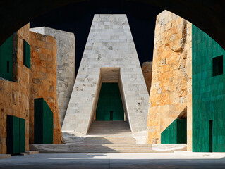 Modern Architectural Landmark Stone Exterior Minimalist Design Geometric Perspective Symmetry Urban Entrance Facade Art Lines Patterns Light 