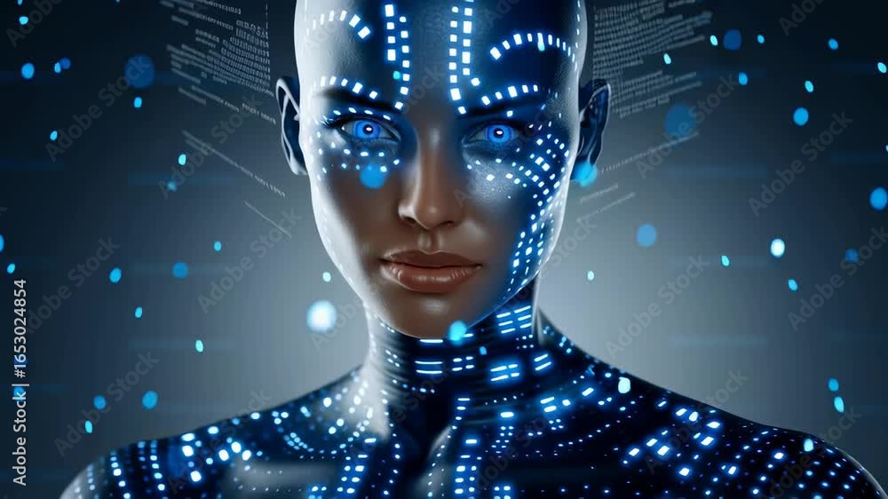 Aufkleber futuristic android with glowing blue patterns on face and expressive blue eyes conveys a sense of ad