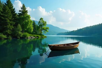 Obraz premium Serene Lakeside Rowboat Tranquil Wooden Boat Gently Bobbing on a Crystal-Clear Lake Surrounded by Lush Green Foliage and Towering Trees Reflecting Peaceful Nature