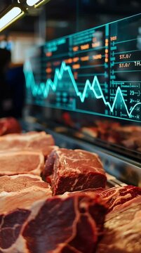 Fresh raw beef steak and red meat cuts at butcher shop counter with digital market graph overlay, highlighting economic trends and price impact