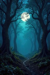 Ominous Twilight Forest Twisted Branches and Creeping Shadows Conceal Hidden Dangers in a Dense, Uneasy Woodland
