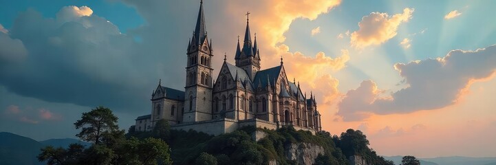 Fototapeta premium Imposing church architecture stands strong, a citadel of faith against a dramatic sky Ancient stone walls, towering spires, and intricate details showcase enduring spiritual strength , old, stone