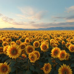 Fototapeta premium Sunflower Field Blooming with Positive Thinking at Sunset in Nature's Landscape