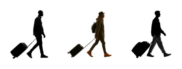 Traveling with luggage journeying through urban spaces silhouetted perspective, isolated on transparent background, png set