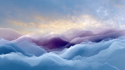 Ethereal Mountain Vista: An artistic and mesmerizing depiction of a cloud-shrouded mountain range, with soft hues and an otherworldly atmosphere