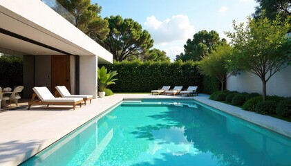 Sleek geometric pool design with clean lines and pristine turquoise water, perfect for a modern backyard oasis Sun-drenched luxury and tranquil escape , clean lines, clear water, modern design