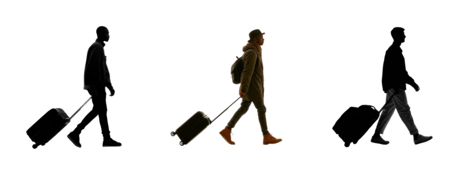Traveling with luggage journeying through urban spaces silhouetted perspective, isolated on transparent background, png set