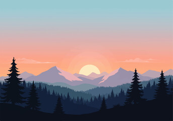 Serene sunset over a majestic mountain range, silhouetted trees in the foreground.