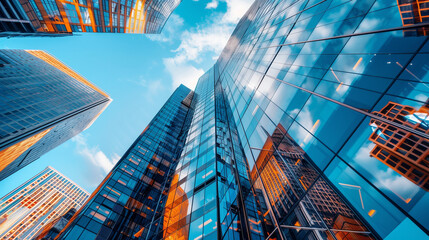 Worm eye view of modern glass skyscrapers reflecting sky and clouds in a vibrant urban landscape scene
