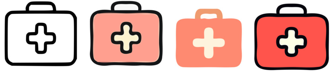 Obraz premium Four first aid kit icons in different shades of red and white.