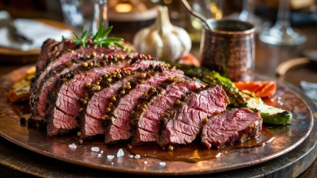 California tri tip sliced medium-rare on wooden platter with peppercorn crust and roasted vegetables in rustic kitchen setting