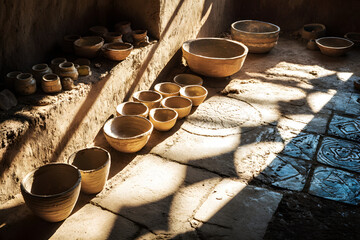 Timeless artisanal pottery studio with sunlit ceramic bowls, handcrafted vessels, and earth-toned...