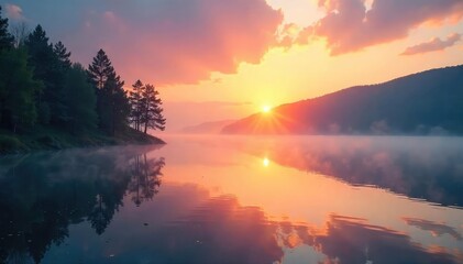 Obraz premium Serene sunrise over a tranquil lake, mist gently rising, conveying a sense of peaceful spirituality and inner calm Perfect for meditation, yoga, or mindfulness themes , mist, wellbeing