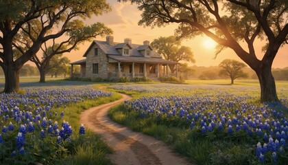 Stone house in field of bluebonnets, rural landscape with dirt road leading to home. Porch, chimney blend with nature, warm glow from setting sun. Clear blue sky, serene countryside, peaceful