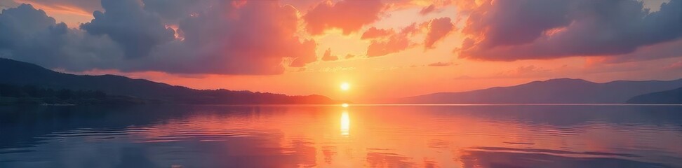 Fototapeta premium Serene sunrise over calm water, reflecting the promise of a new day; a peaceful scene evoking feelings of hope and tranquility , meditation, quiet