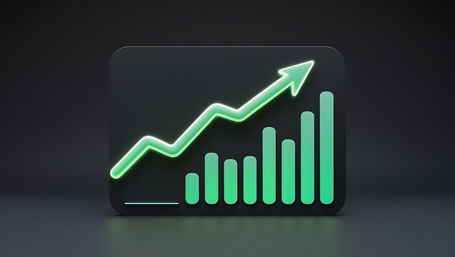 Futuristic glowing data visualization graph with neon light bars and line chart on dark background