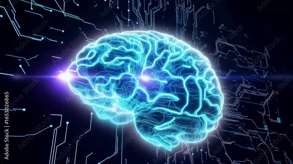 Poster glowing digital brain visualization with circuit board background, representing artificial intellige