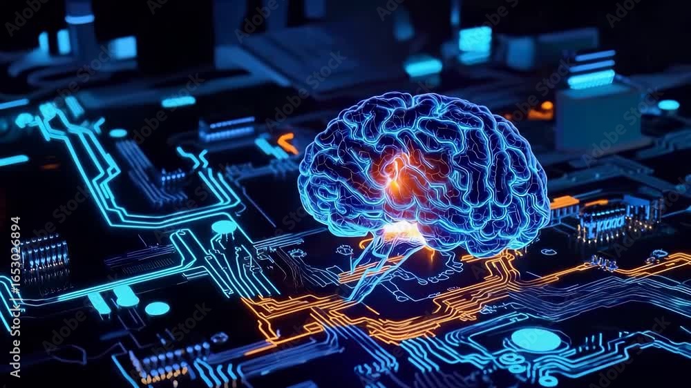 Poster glowing neural brain hologram integrated with circuit board, representing advanced computational tec
