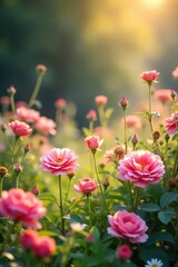 Fototapeta premium Soft, diffused sunlight illuminates a delicate arrangement of wildflowers and blooming rose bushes, creating a naturally blushing scene of vibrant pinks, peaches, and corals , beauty, blush