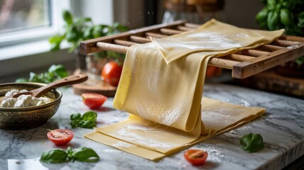 Fresh pasta sheets draped over wooden drying rack with water droplets showing translucent quality on marble countertop with basil and tomatoes
